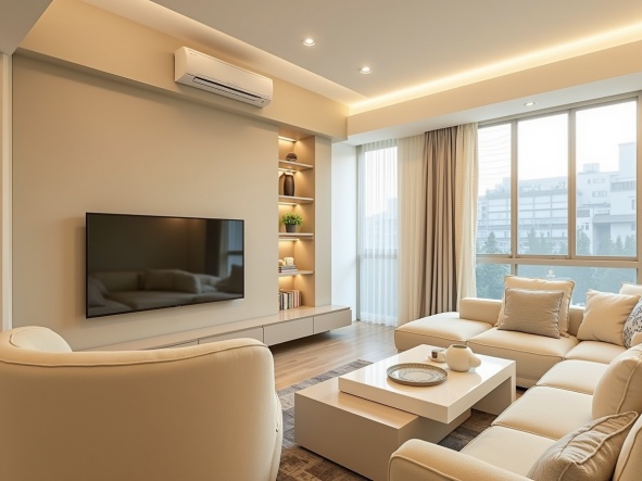 裝潢預算規劃後完成的明亮奶油色客廳空間，自然光與簡約收納設計｜豐悅室內設計 F.Y Design