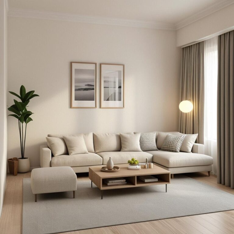 老屋翻新後的奶油風客廳，米白色沙發與木質茶几，明亮窗景與柔和燈光，呈現翻新後舒適的居家空間。