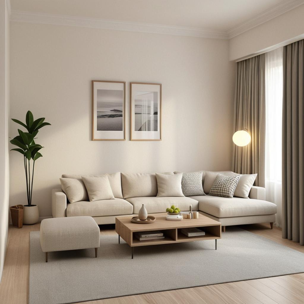 老屋翻新後的奶油風客廳，米白色沙發與木質茶几，明亮窗景與柔和燈光，呈現翻新後舒適的居家空間。