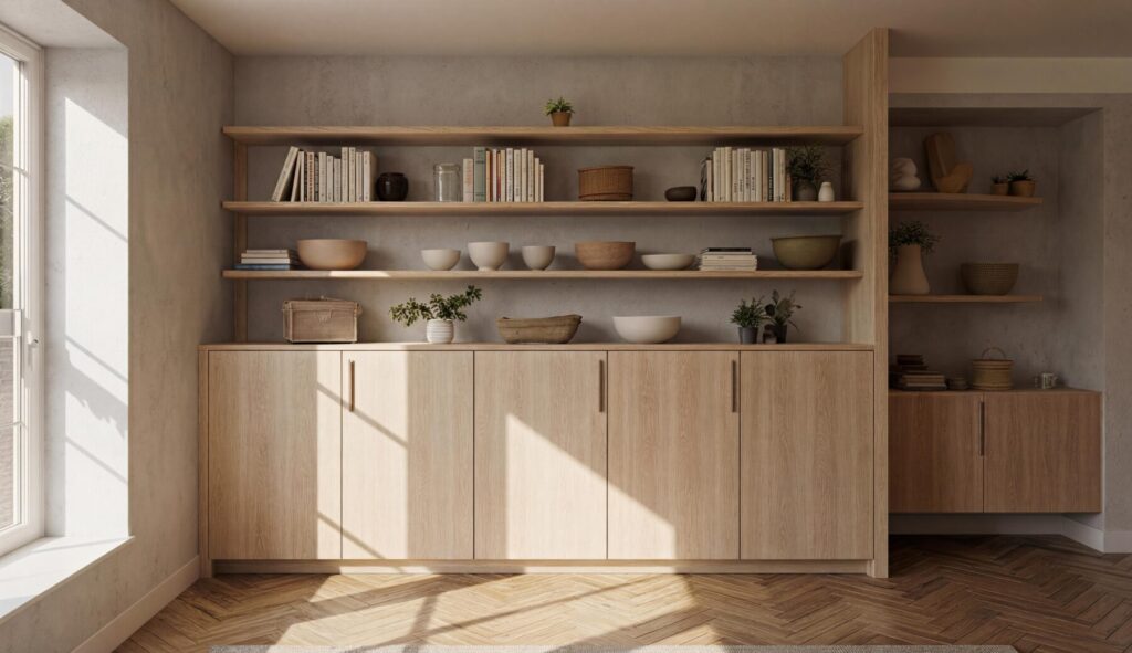 開放層架與下櫃搭配的室內收納設計，保留留白並符合生活使用習慣