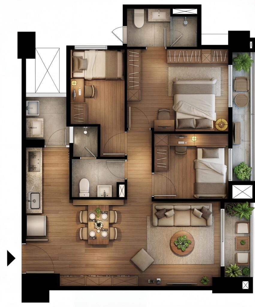 居家改造設計流程示意，平面配置圖與 3D 模擬規劃畫面