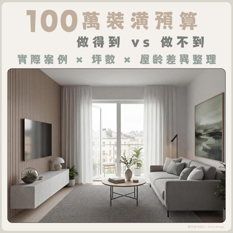100 萬裝潢預算做得到與做不到的實際案例示意圖，說明不同坪數與屋齡下的裝潢差異