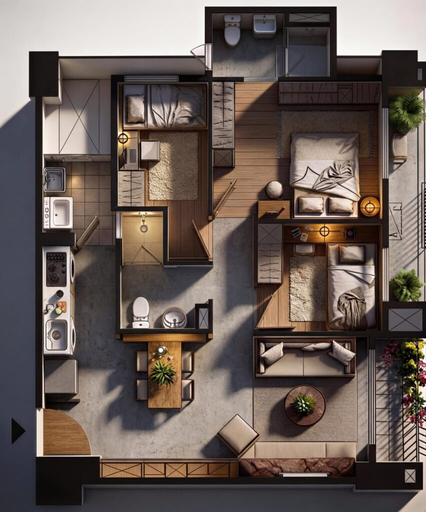 居家改造設計流程示意，平面配置圖與 3D 模擬規劃畫面