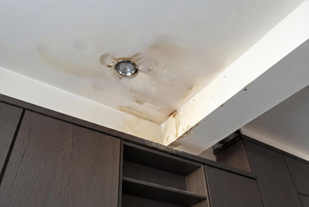 30 年老屋翻新前必做檢查:結構、水電、漏水一次看懂|豐悅室內設計 3 30 年老屋天花板滲水水痕示意圖,可能涉及防水層老化問題