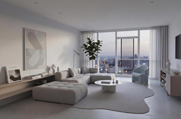 客廳完成空間示意，白天花與整體室內設計風格呈現