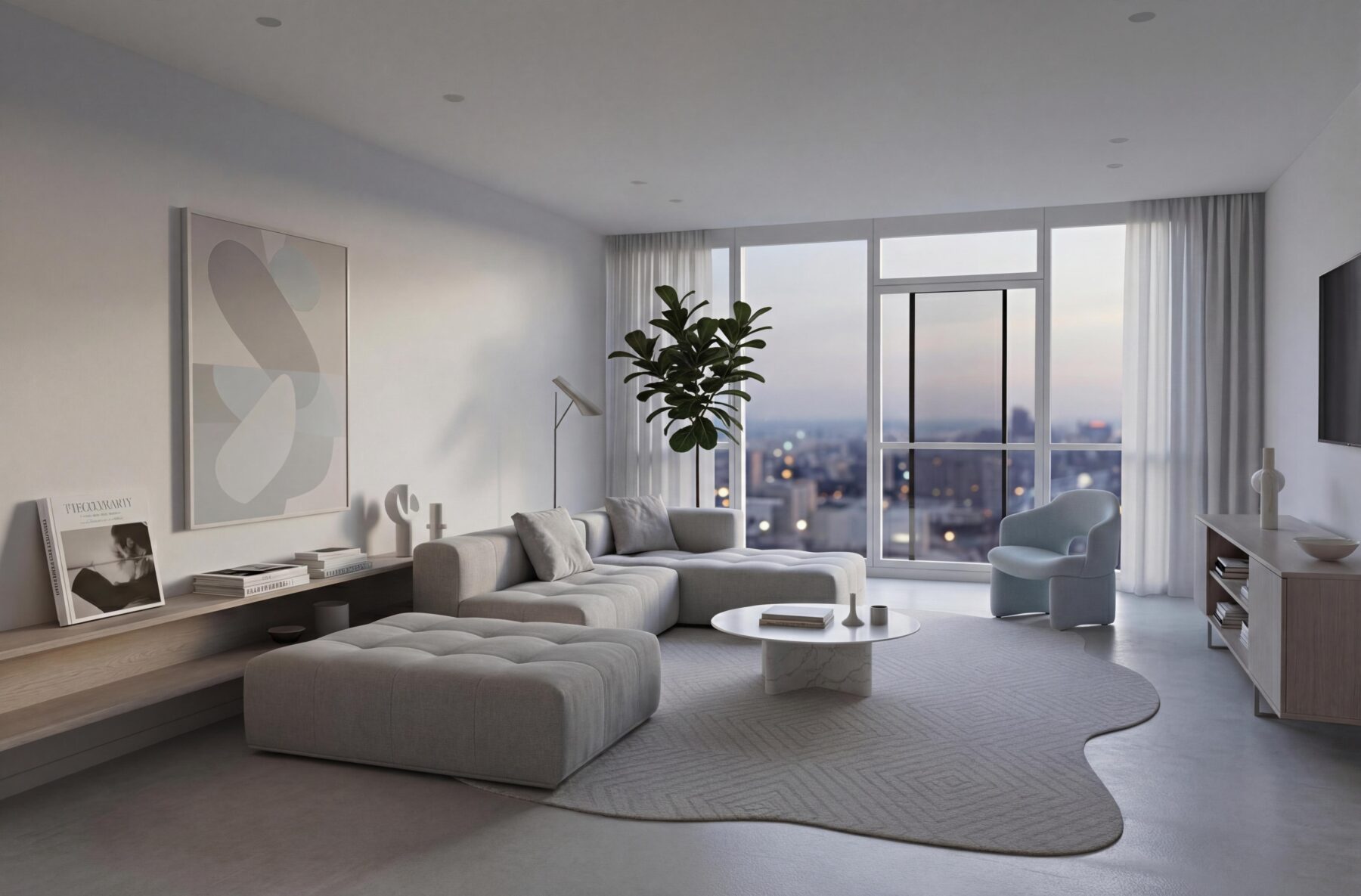 客廳完成空間示意，白天花與整體室內設計風格呈現