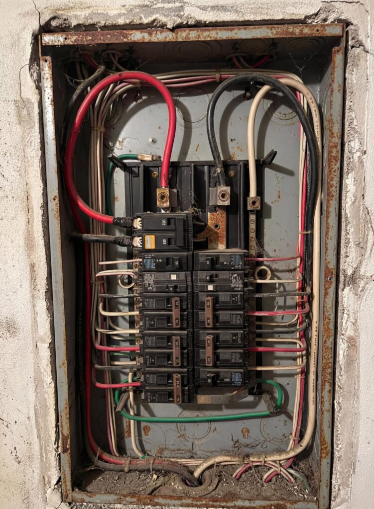 30 年老屋翻新前必做檢查:結構、水電、漏水一次看懂|豐悅室內設計 2 30 年老屋老舊電箱示意圖,可能存在電線老化與跳電風險