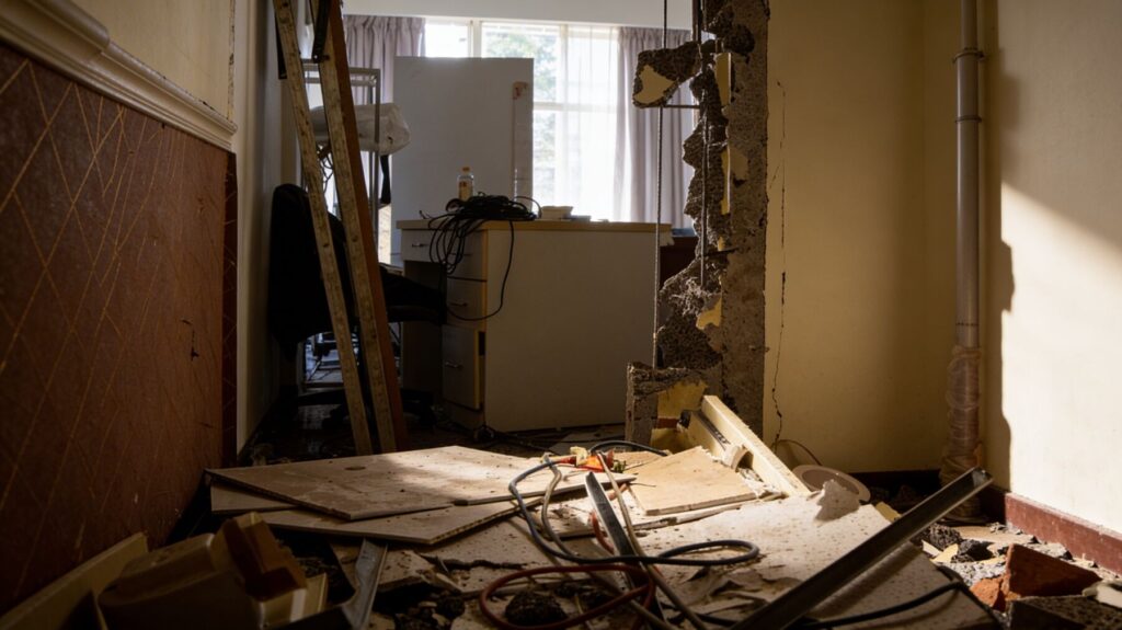 老屋翻新拆除施工現場與工程風險示意