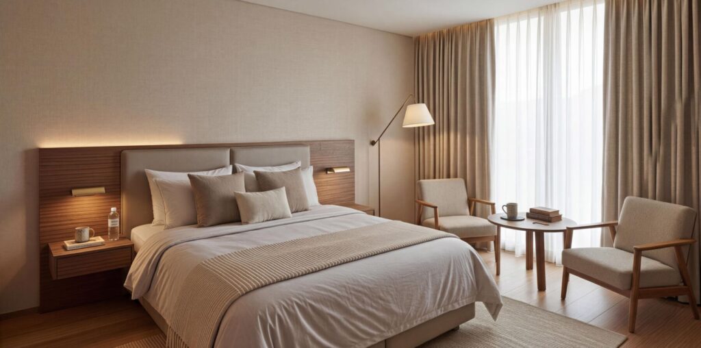 此圖用於說明無印風常見的溫潤木質、米色與灰米色調、低對比配色與整齊穩定的空間氣質，適合作為無印風住宅空間示意圖。