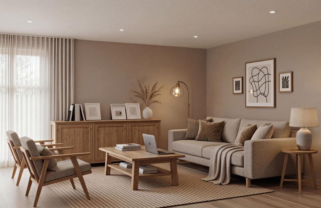 無印風客廳溫潤木質與柔和色調示意