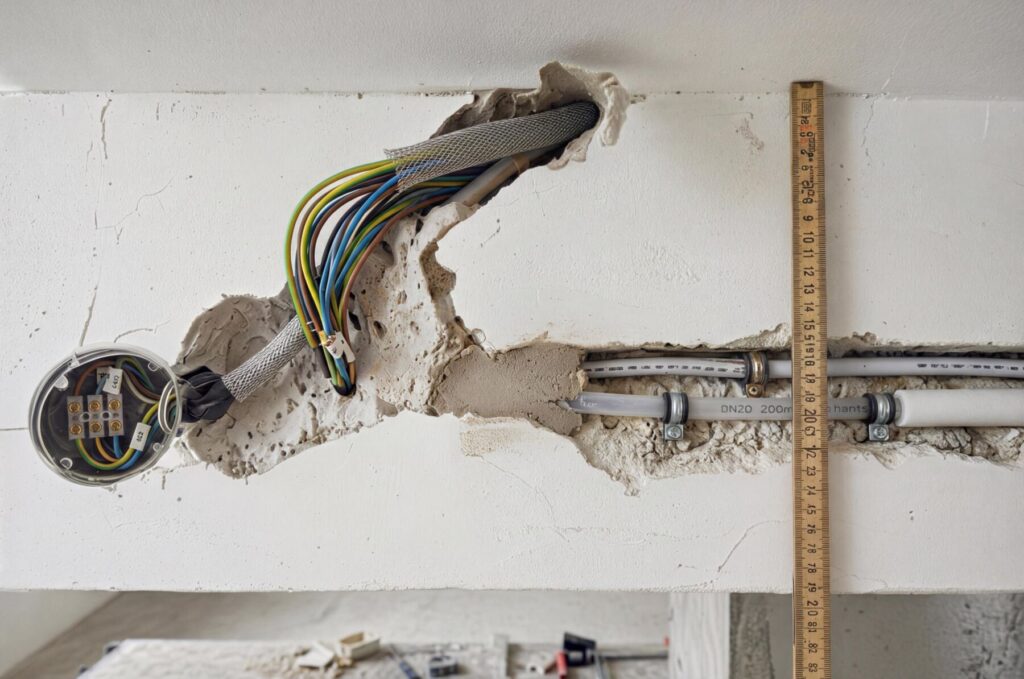老屋水電重拉施工，牆面開槽配置電線與管線