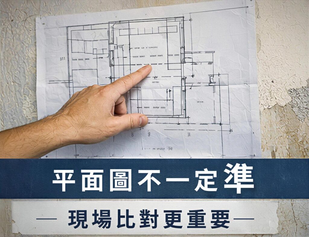 老屋拆除與打牆要注意什麼?結構風險與施工重點完整解析 1 老屋拆除前檢查平面圖與現場差異示意圖,提醒平面圖不一定準
