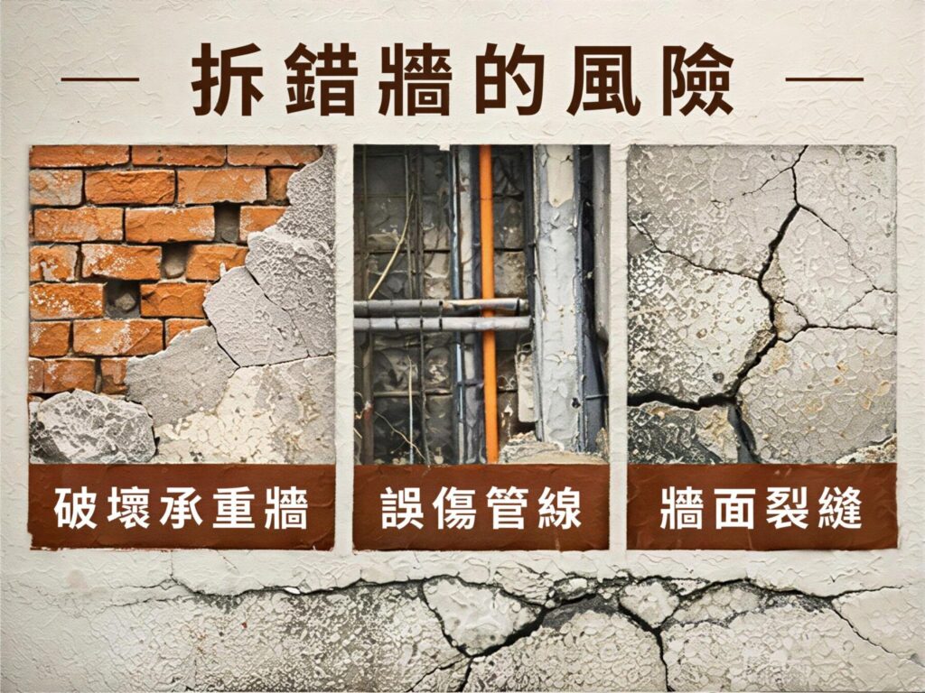老屋拆除與打牆要注意什麼?結構風險與施工重點完整解析 3 老屋拆錯牆風險示意圖,包含破壞承重牆、誤傷管線與牆面裂縫