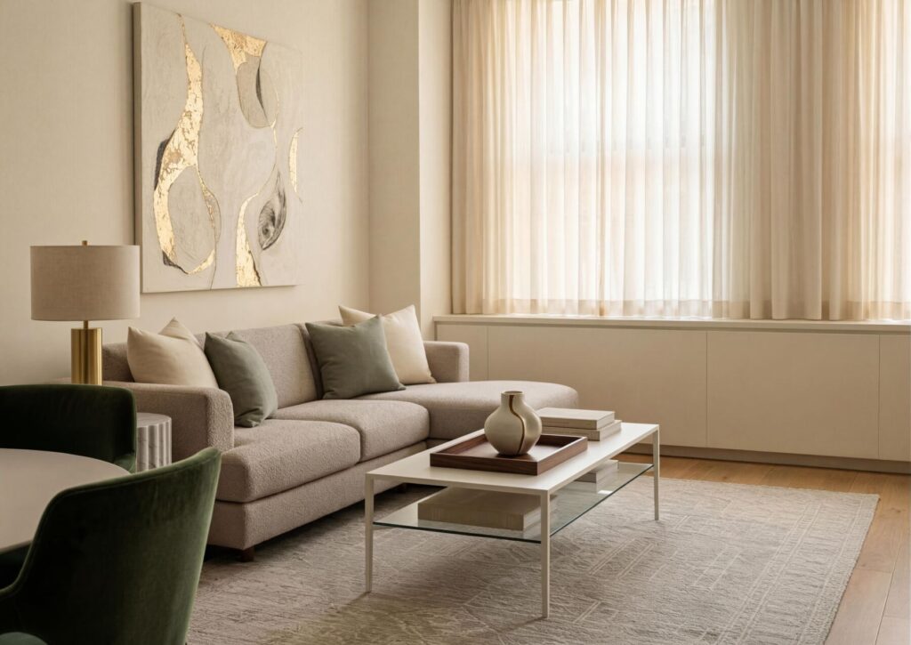 小坪數裝潢怎麼設計?動線、採光與預算分配重點 2 此圖用於說明小坪數住宅的客餐廳與廚房整合配置,呈現家具比例、走道安排與開放式動線規劃,適合作為小坪數動線設計示意圖。