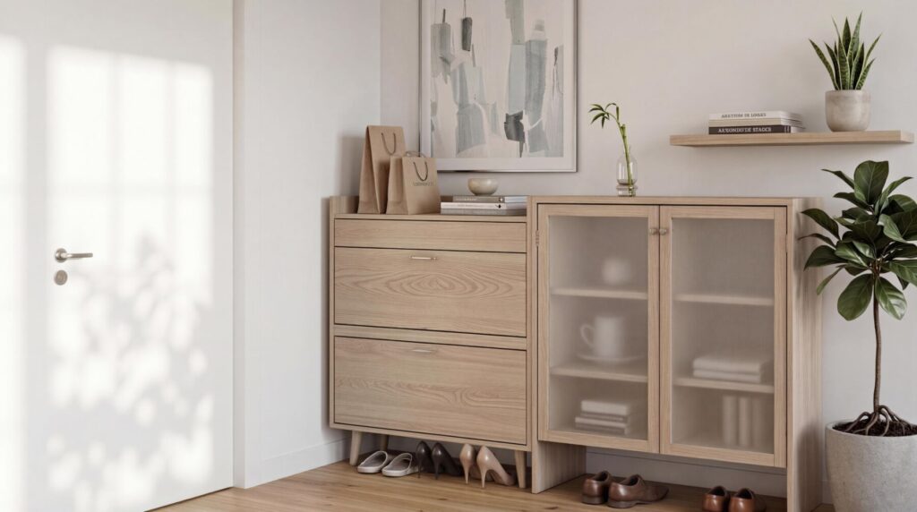 小坪數裝潢怎麼設計?動線、採光與預算分配重點 3 小坪數玄關鞋櫃與入口收納設計示意