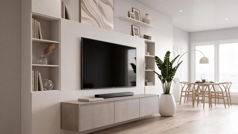 系統家具客廳收納與電視櫃整合設計示意