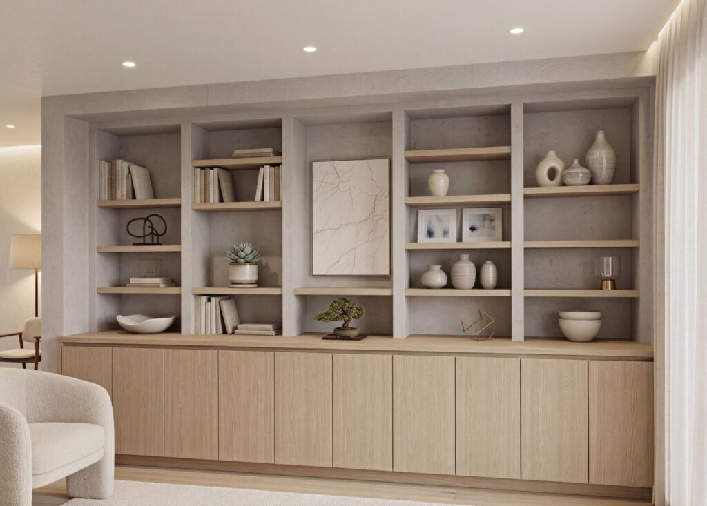 系統家具收納牆與開放層架配置示意