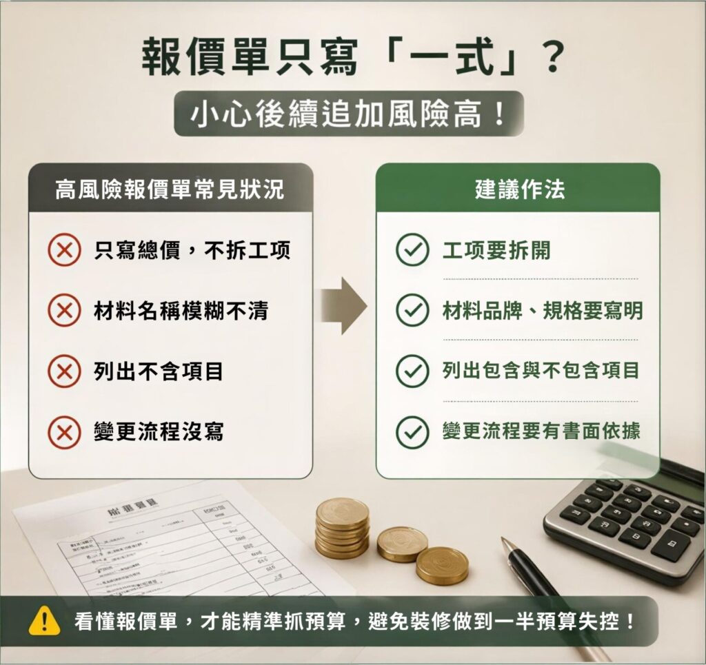 報價單只寫一式風險高，簽約前要拆開工項與材料規格