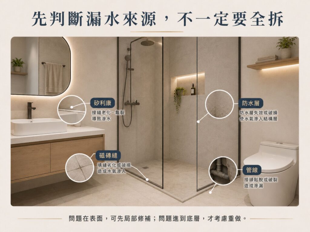 浴室漏水一定要打掉重做嗎?防水層、磁磚與管線判斷重點 1 浴室漏水先判斷漏水來源不一定需要整間拆除