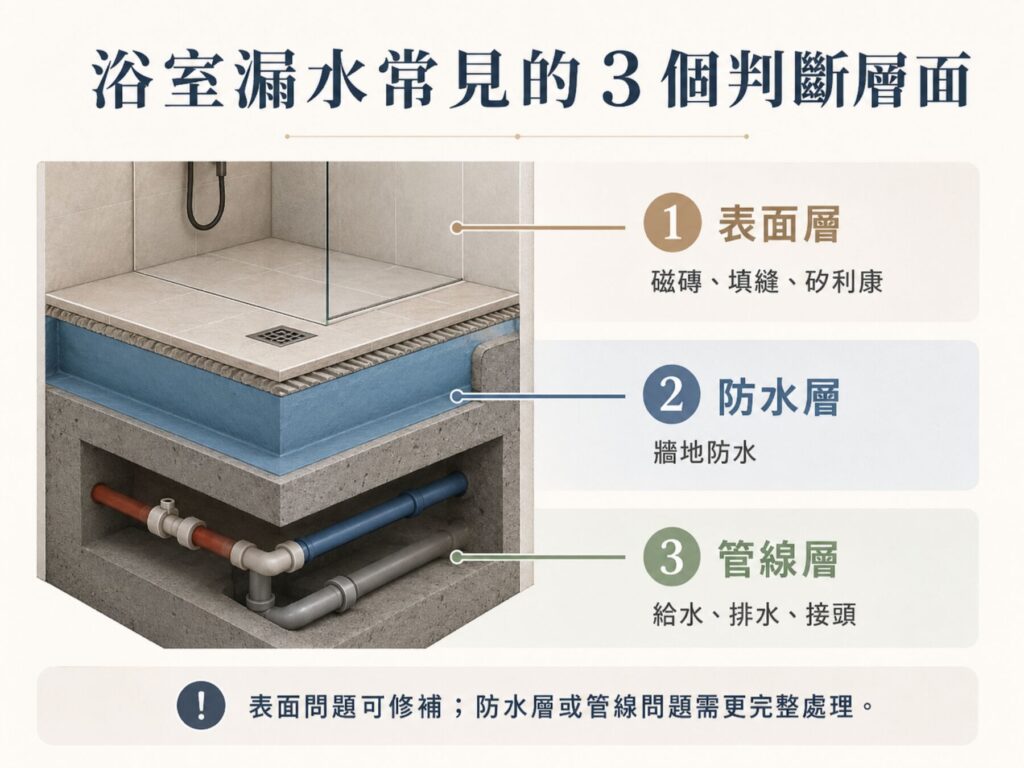 浴室漏水一定要打掉重做嗎?防水層、磁磚與管線判斷重點 2 浴室漏水表面層防水層與管線層三個判斷層面