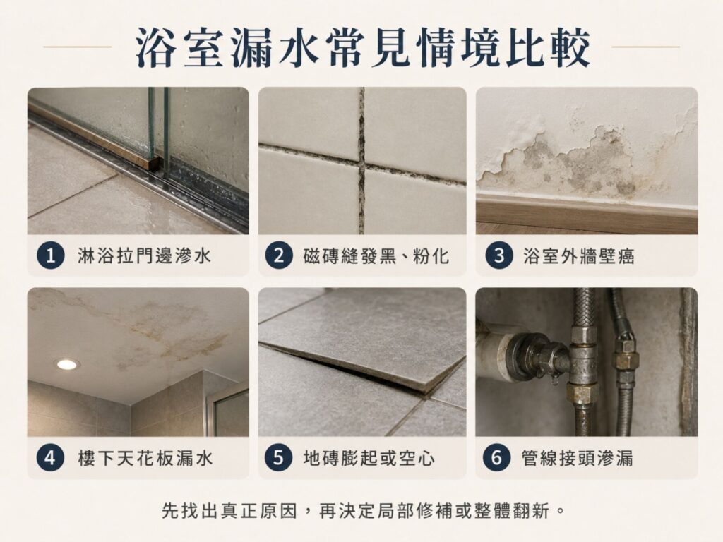 浴室漏水一定要打掉重做嗎?防水層、磁磚與管線判斷重點 3 浴室漏水常見情境包含淋浴拉門滲水磁磚縫發黑壁癌樓下漏水地磚膨起與管線滲漏