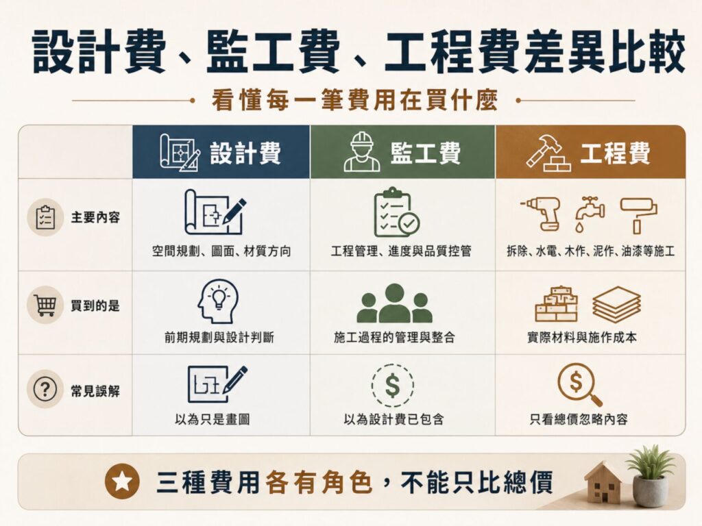 設計費、監工費與工程費差異比較，說明各項費用買到的服務內容