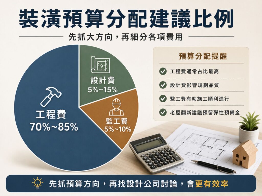 裝潢預算分配建議，工程費、設計費與監工費比例說明