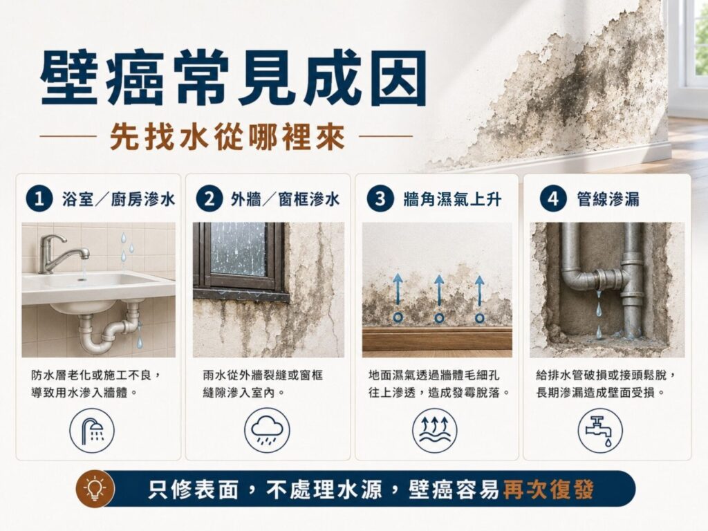 壁癌怎麼處理才不會一直復發?表面修補與打除重做差在哪 1 壁癌常見成因包含浴室滲水外牆滲水牆腳潮氣與管線滲漏