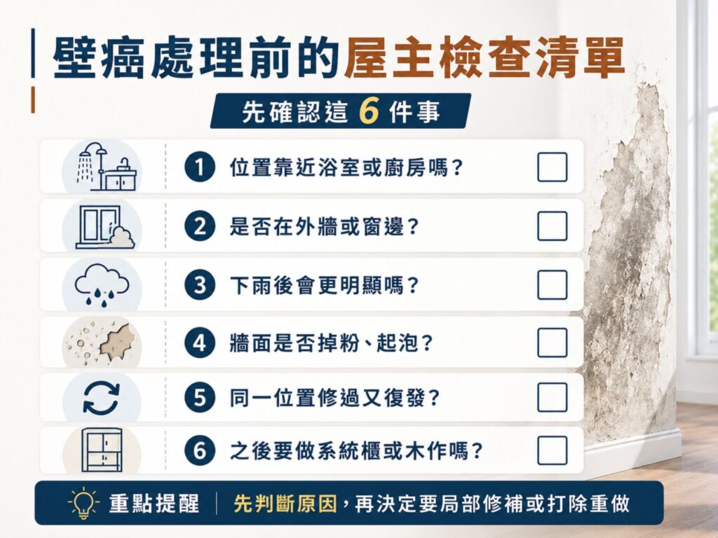 壁癌怎麼處理才不會一直復發?表面修補與打除重做差在哪 4 浴室外牆窗邊牆腳與櫃體後方是容易出現壁癌的高風險區域